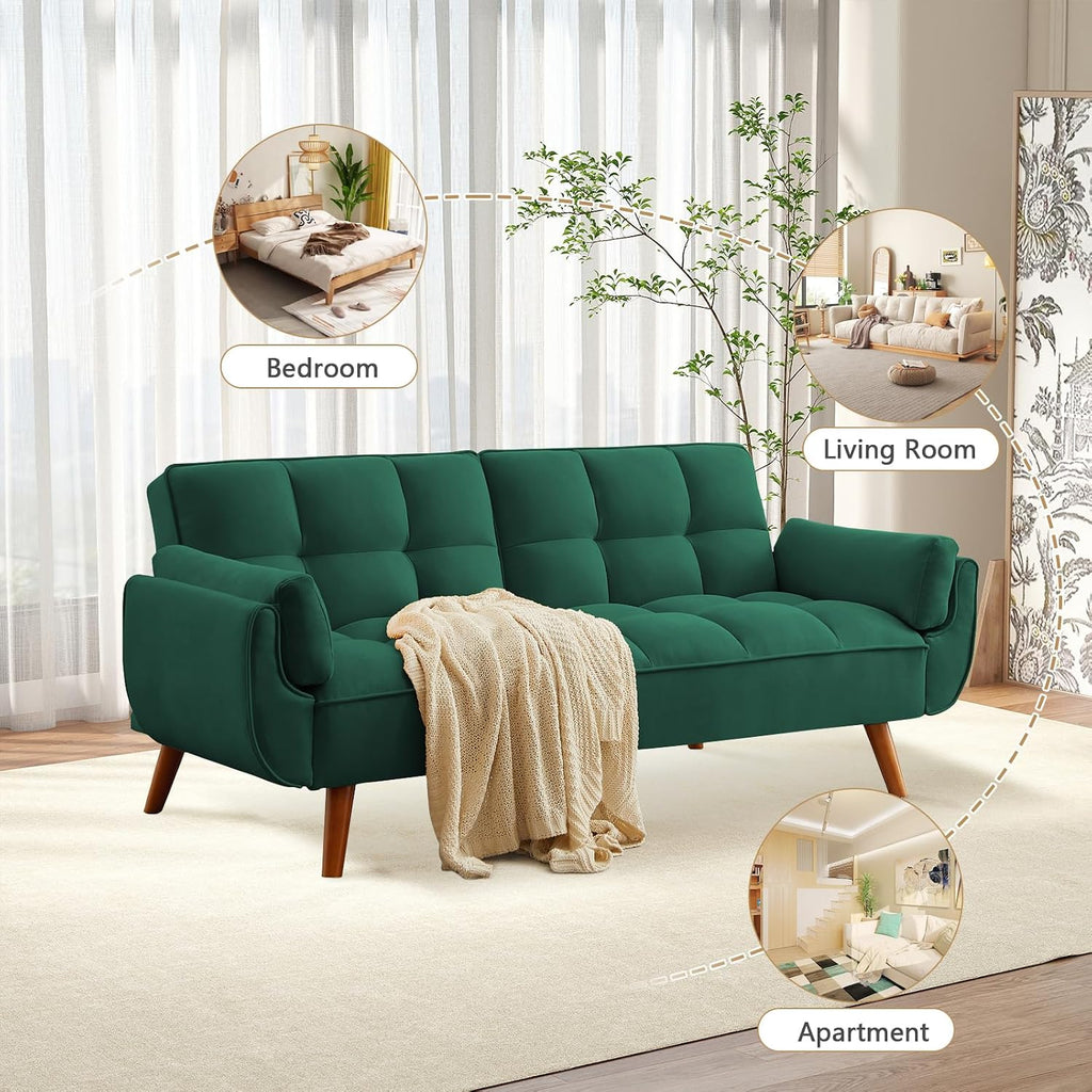 75' Convertible Futon Sofa Bed, Sleeper Couch Bed with Adjustable Backrest, Small Couches for Small Spaces, Living Room, Bedroom and Office (Green)