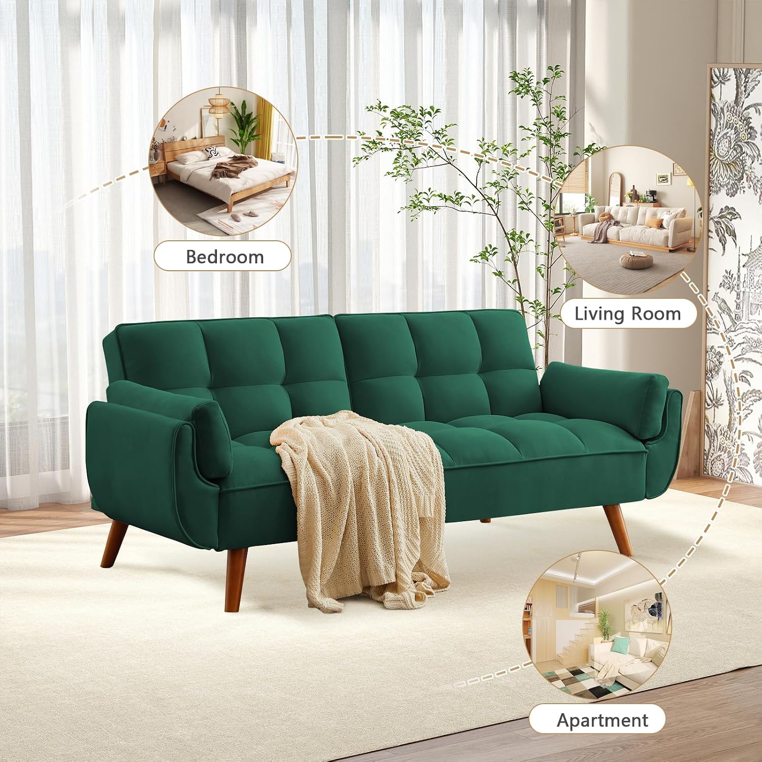 75' Convertible Futon Sofa Bed, Sleeper Couch Bed with Adjustable Backrest, Small Couches for Small Spaces, Living Room, Bedroom and Office (Green)