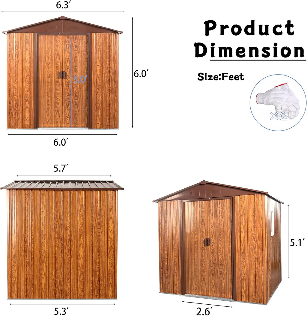 6 x 6 FT Outdoor Storage Shed, Metal Garden Shed with Floor Frame, Tool Shed Outdoor Storage with Lockable Sliding Doors & Window & Air Vents, Storage House Waterproof for Backyard, Lawn, Coffee