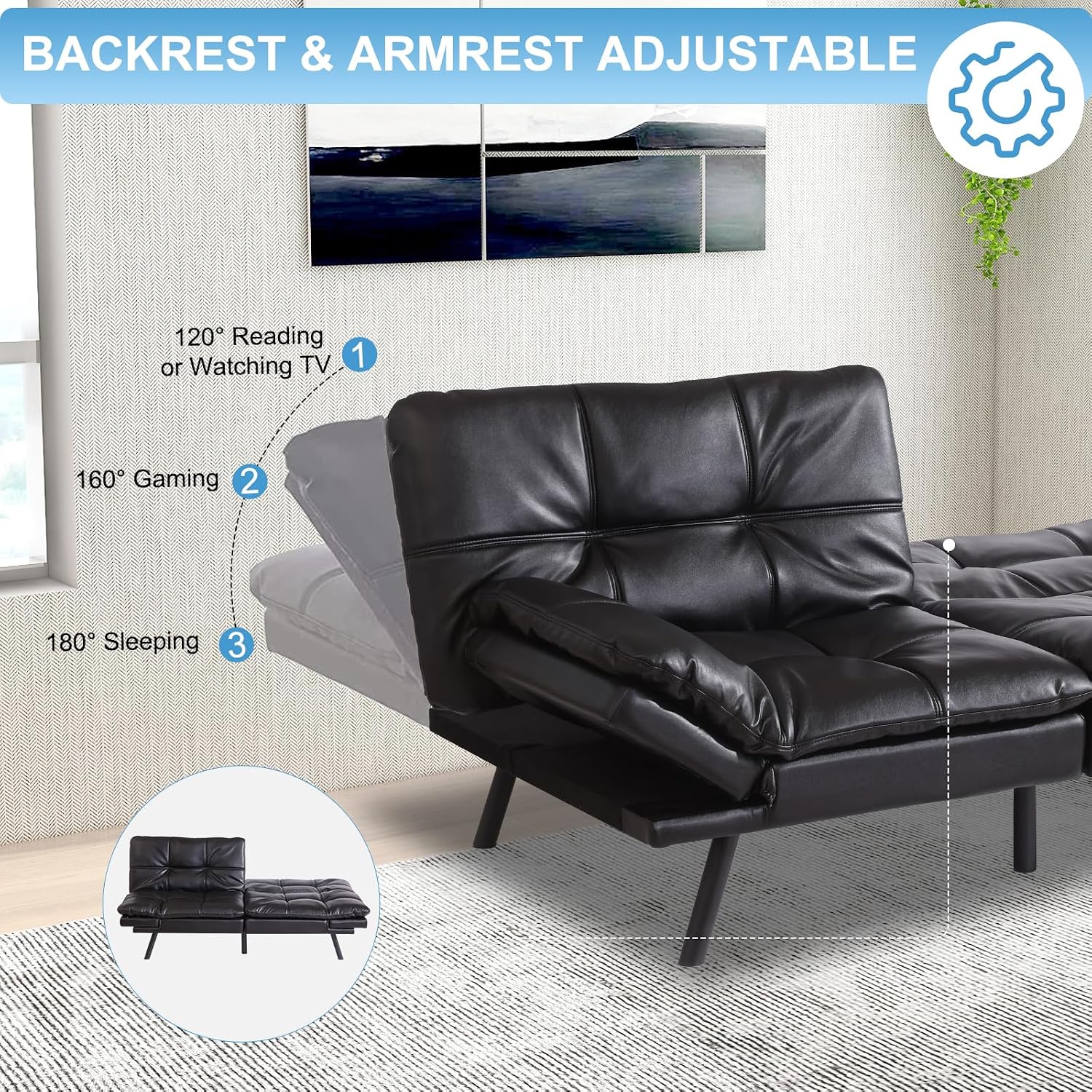 MUUEGM Futon Sofa Bed Couch Sofa, Memory Foam Futon Sleeper Sofa Loveseat Convertible Couch Bed for Small Compact Spaces, Apartment, Black