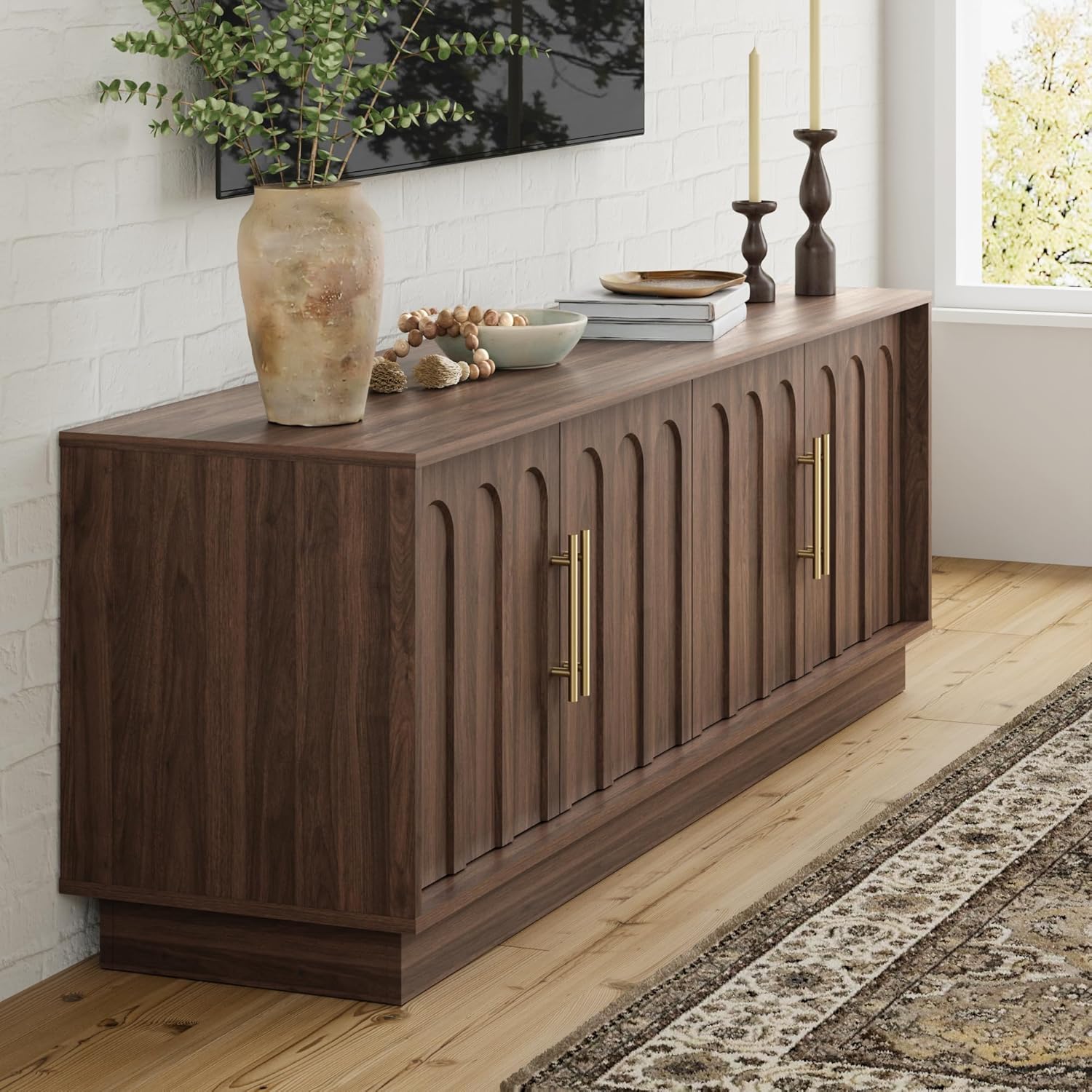 FORTUNETEC TV Stand for 75 Inch TV, Mid Century Modern TV Stand with Arched Design, Wood Grain Finish, Media Console with Adjustable Shelves, 67' Entertainment Center for Living Room Bedroom, Walnut