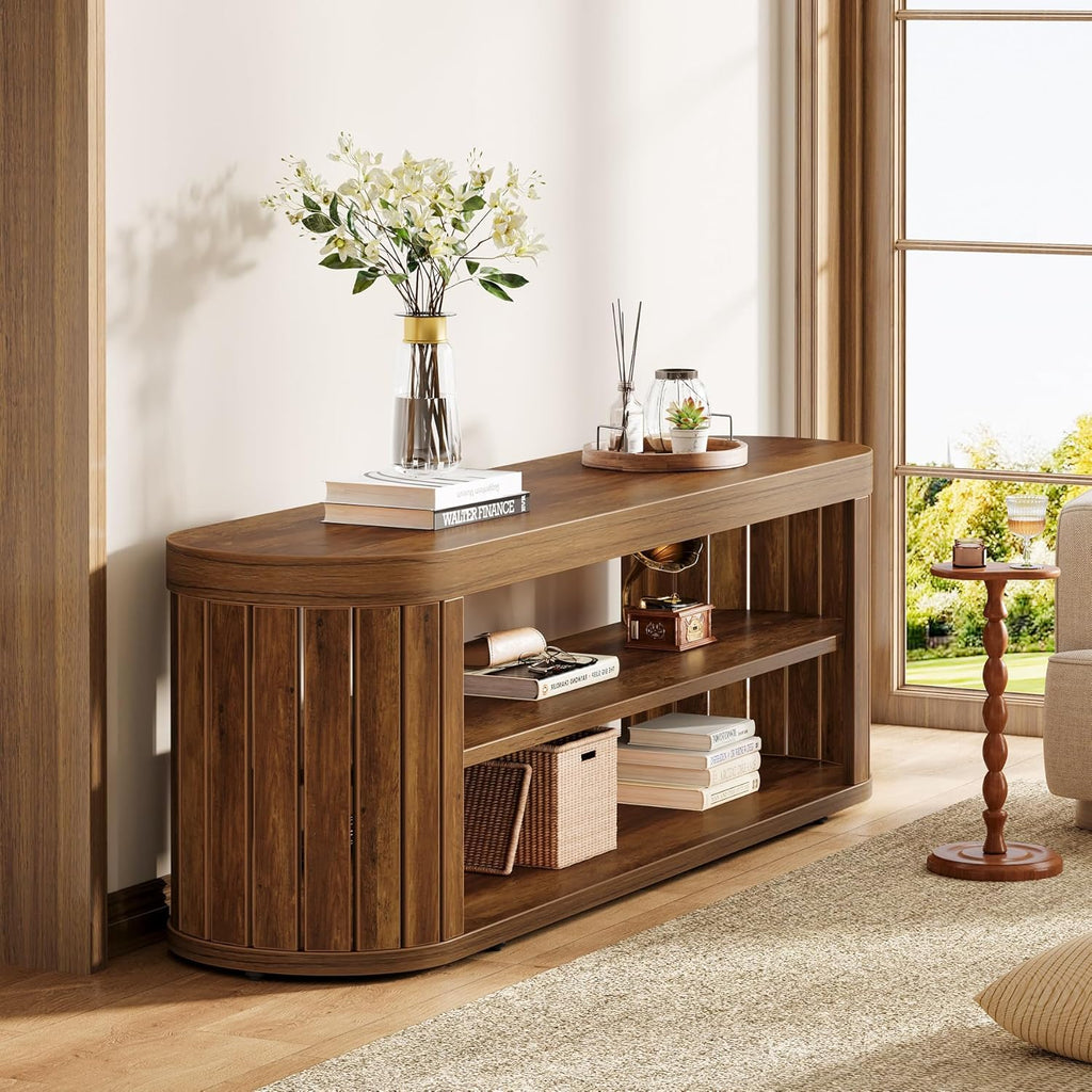 Tribesigns TV Stand for TVs up to 55 Inches, 47.2-Inch Entertainment Center with 2-Tier Open Storage & Adjustable Foot Pads, Oval Media TV Console Table for Living Room, Bedroom, Rustic Brown