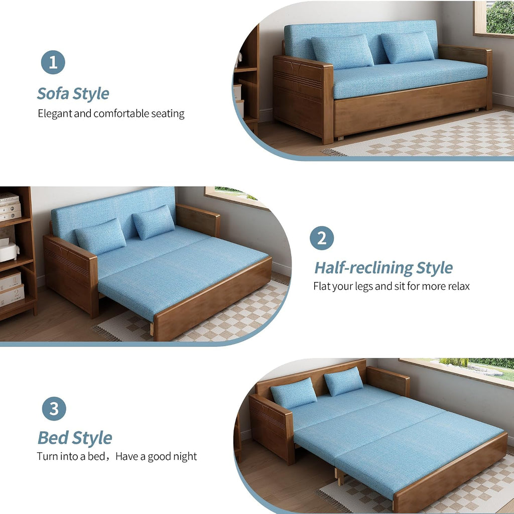 59' Convertible Sofa Sleeper,Blue Soft Cushion sectional Sleeper Couch with Reversible Chaise,solidwood Bed 3 in 1 Pull Out Couch,Walnut Color Sofa for livingroom,Apartment,Bedroom,Office