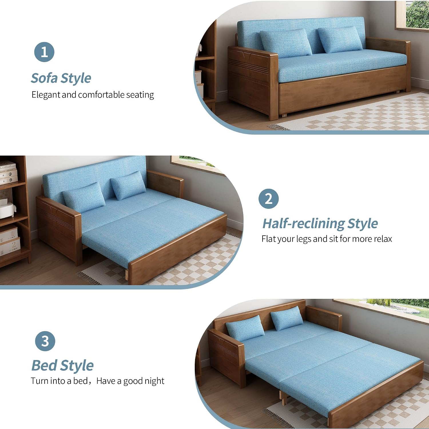59' Convertible Sofa Sleeper,Blue Soft Cushion sectional Sleeper Couch with Reversible Chaise,solidwood Bed 3 in 1 Pull Out Couch,Walnut Color Sofa for livingroom,Apartment,Bedroom,Office