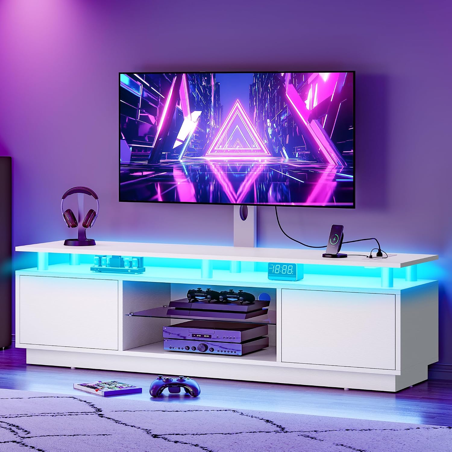 DWVO White TV Stand for 75/70/65 inch TV with Mount & Power Outlet, Modern LED TV Stands for Living Room, Entertainment Center with Storage, Television Stand, Gaming Media Stand