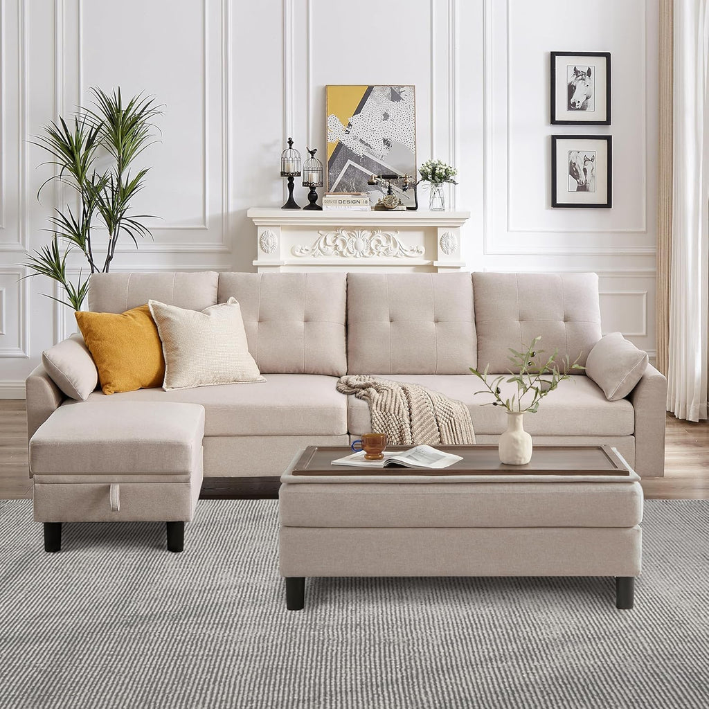 102' L-Shape Sofa Couch, Couch with Ottoman Coffee Table, 4 Seat Modern Sofa with Removable Cover for Apartment and Living Room, Beige