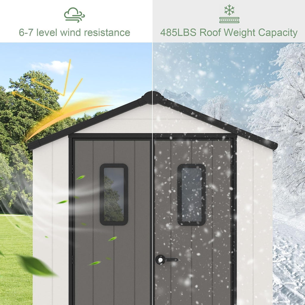 6' x 4' Outdoor Resin Storage Shed with Floor,Galvanized Metal Waterproof Garden Shed with Lockable Door, Windows, Vents, Plastic Tool, Bike Storage for Patio Furniture, Lawn Mower