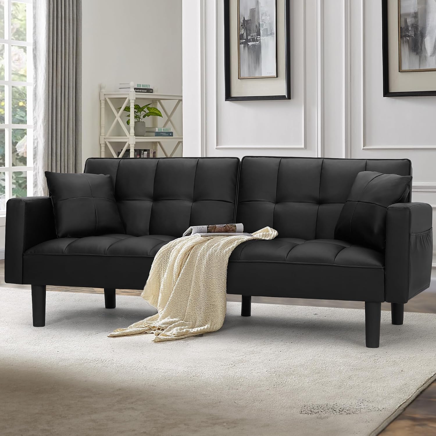 AVAWING Futon Sofa Bed, Modern Leather Convertible Upholstered Sleeper Couch with Adjustable Back, Arms and High Strength Nylon Legs for Living Room, Apartment, Office (Black)