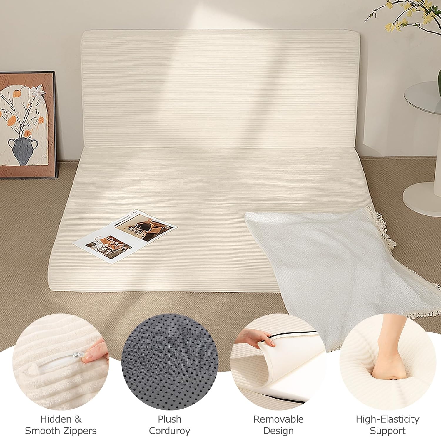 6-Inch Tri-Folding Mattress Full Size - Foldable Futon Sofa Bed with Removable Washable Cover, Folding Futon Mattress | Non-Slip Bottom & Carry Handles for Guest, Camping, Dorm