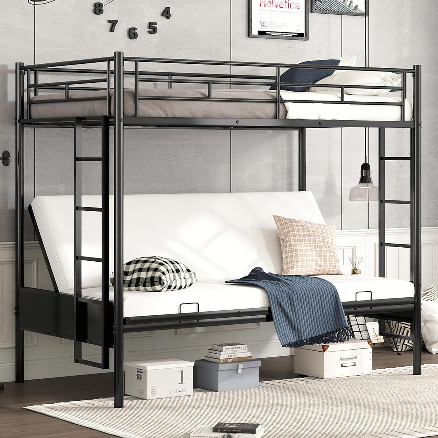 Bellemave Twin Over Futon bunk Bed, loft Bed with futon, No Box Spring Needed, Black
