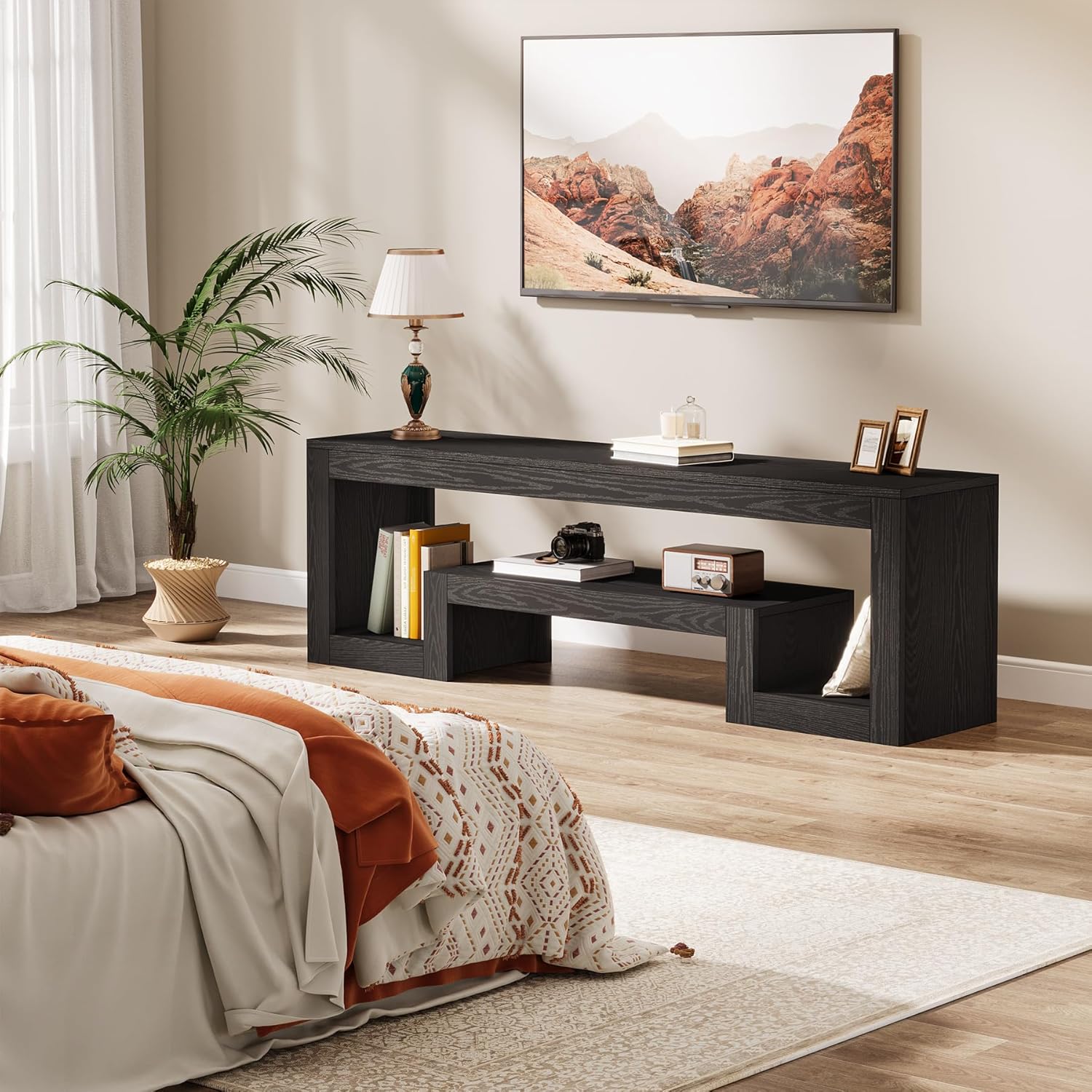 Tribesigns 63' TV Stand for 55/60/65/75-Inch TVs, Farmhouse Entertainment Center with Open Storage Shelves, Television Stands TV Console for Living Room, Bedroom, Black