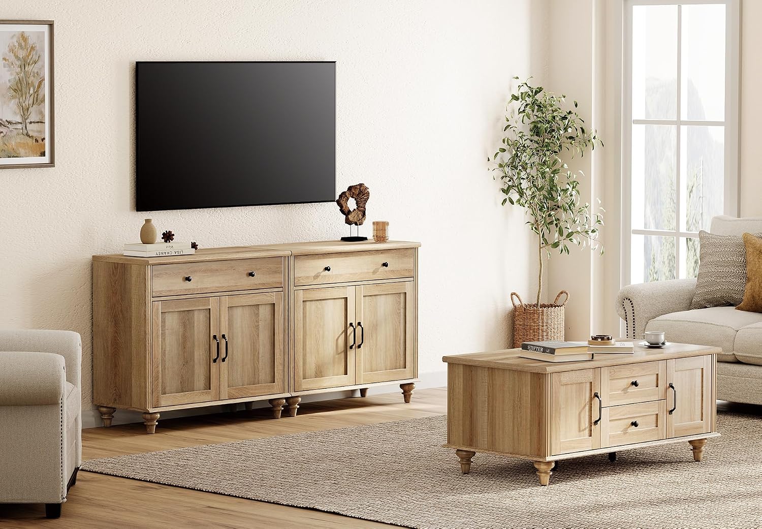 WAMPAT Farmhouse TV Stand for 75 inch TV with 4 Doors and 2 Drawers, Wood Universal TV Stand with Storage Cabinets, Oak Entertainment Center TV Console Table for Living Room, Bedroom