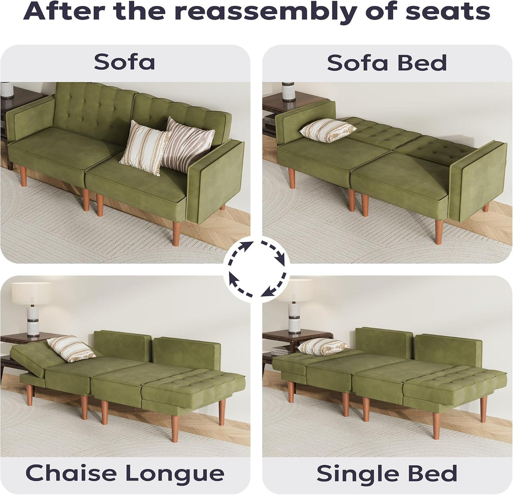 Furnify 71' Velvet Futon Sofa Bed, Versatile Loveseat Couch, Sleeper Sofa with Adjustable Backrest, Mid Century Modern Futon Couch for Small Space, Living Room, Office & Apartment, Velvet Fabric Green