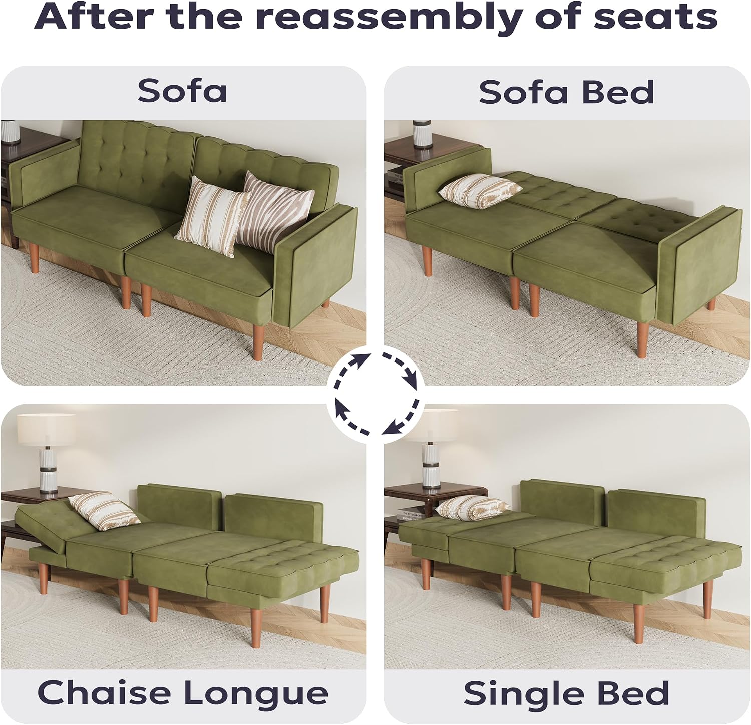 Furnify 71' Velvet Futon Sofa Bed, Versatile Loveseat Couch, Sleeper Sofa with Adjustable Backrest, Mid Century Modern Futon Couch for Small Space, Living Room, Office & Apartment, Velvet Fabric Green