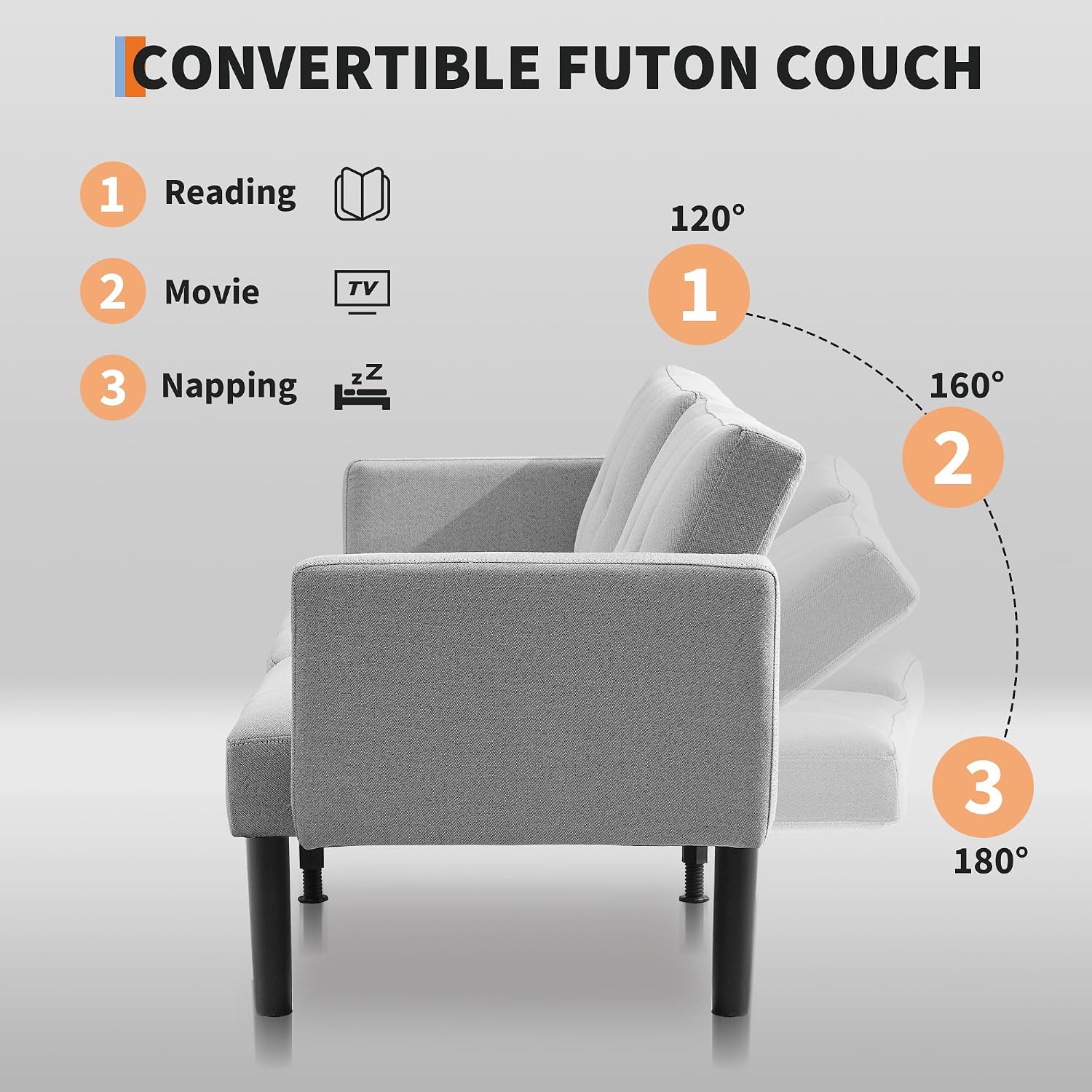 Garvee 75.5' Convertible Futon Sofa Bed, Linen Upholstered Futon Couch with Strong Legs, Mid Century Modern Sleeper Sofa, Comfy Loveseat for Living Room, Bedroom, Dorm, Grey