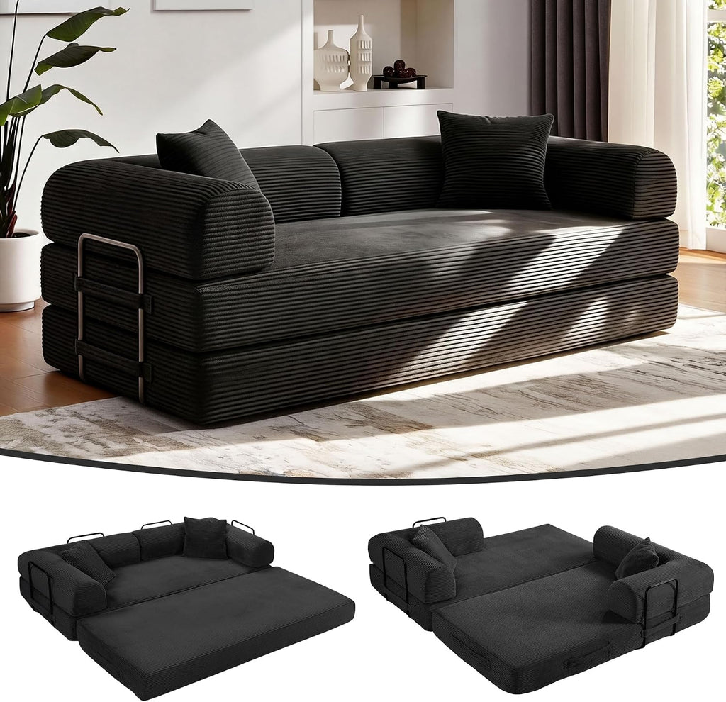 JJJ 78 inch Sofa Bed 4-in-1 Boneless Convertible Corduroy Sleeper Folding Couch with Fixed-Shape Frame and 2 Futons No Assemble Required 3 Seater Upholstered for Living Room (Black, 78 inch)