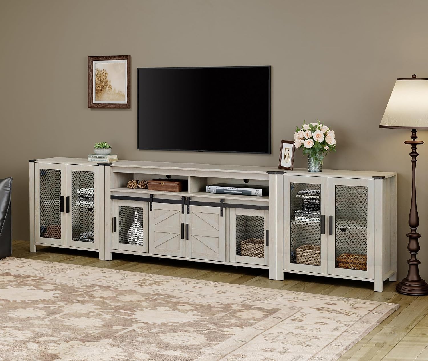 WAMPAT TV Stand Set for 100 inch TV,Door Storage Cabinet with Mesh for Living Room,Farmhouse Storage Units with Open and Adjustable Shelf,Antique White