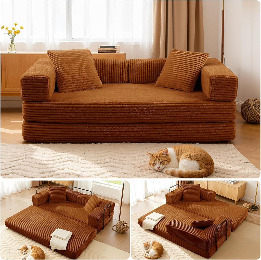 81'' Futon Sofa Bed, Folding Floor Couch Bed, Corduroy Fabric Boneless Couch, Compressed Boneless Sofa in a Box, Comfy Sleeper for Living Room-Orange