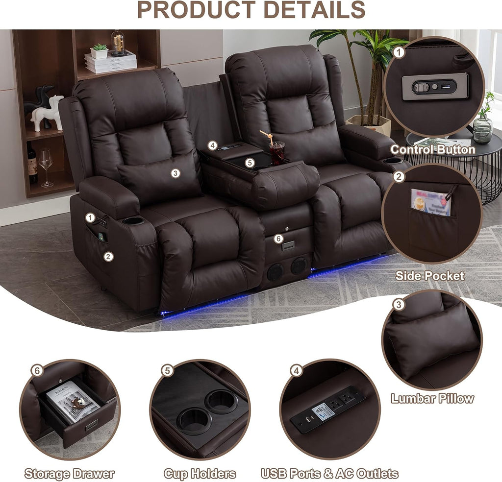 TUNYI Power Loveseat Recliner Sofa with Massage & Heat Home Theater Seating with Console RV Recliner Loveseat Sofa with USB/Storage/Side Pocket/LED Light/Speaker (Brown, Loveseat)