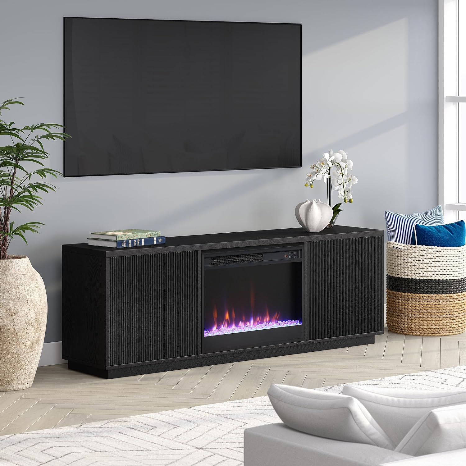 Henn&Hart Fluted TV Stand for TVs up to 75' with 26' Electric Crystal Rocks Fireplace and Ribbed Side Storage Cabinets for Living Room, Family Room, or Office, Natural Black
