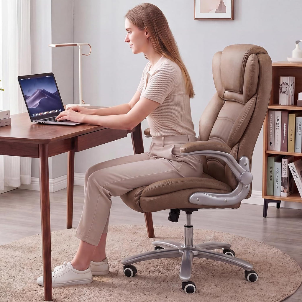 GYI Big and Tall Office Chair 400lb Wide Seat, Ergonomic High Back Leather Executive Desk Chair with Flip-up Arms, Brown