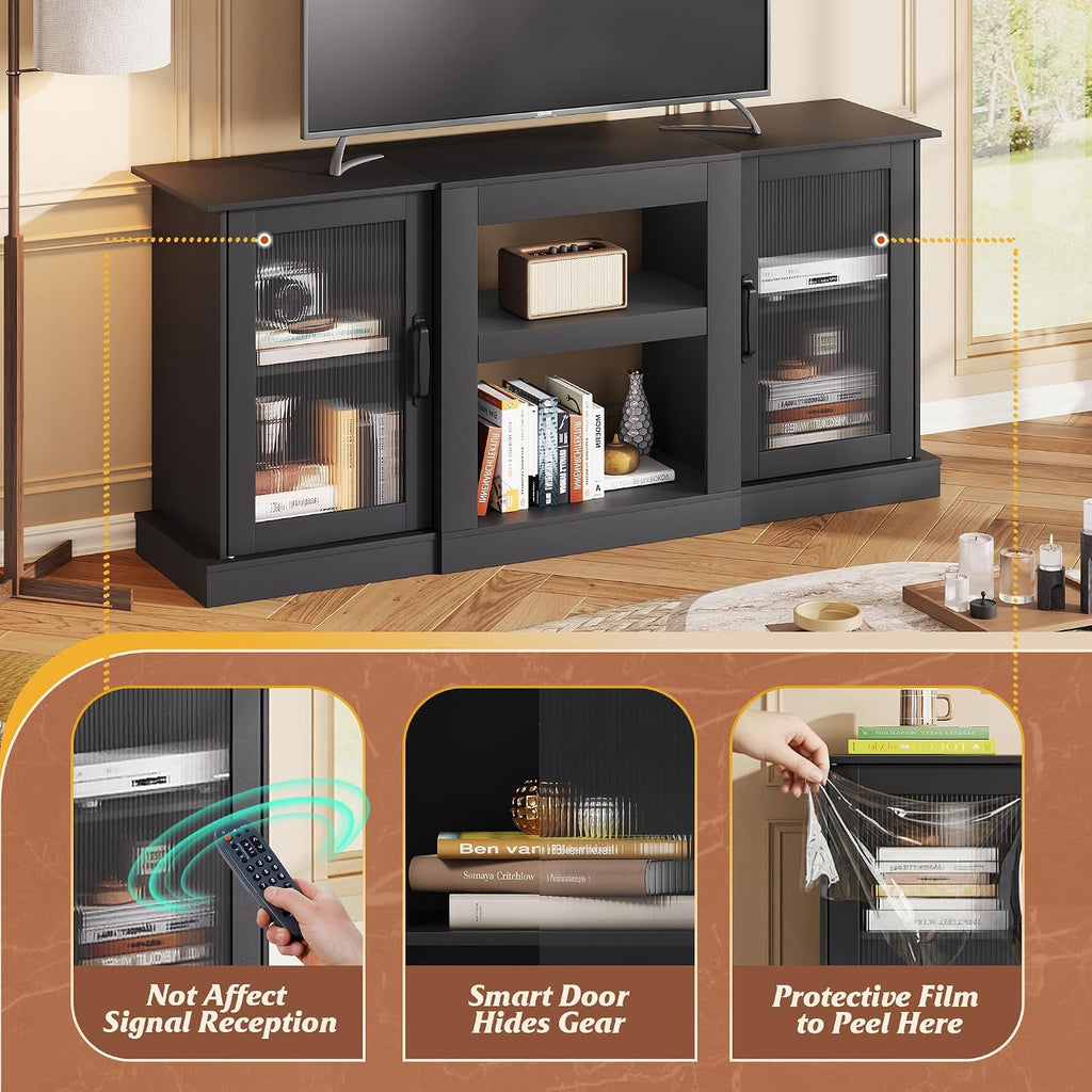 WLIVE Farmhouse TV Stand for 65 inch TV, 58' Entertainment Center with Storage Cabinets, Open Shelves TV Console for Living Room and Bedroom, Black