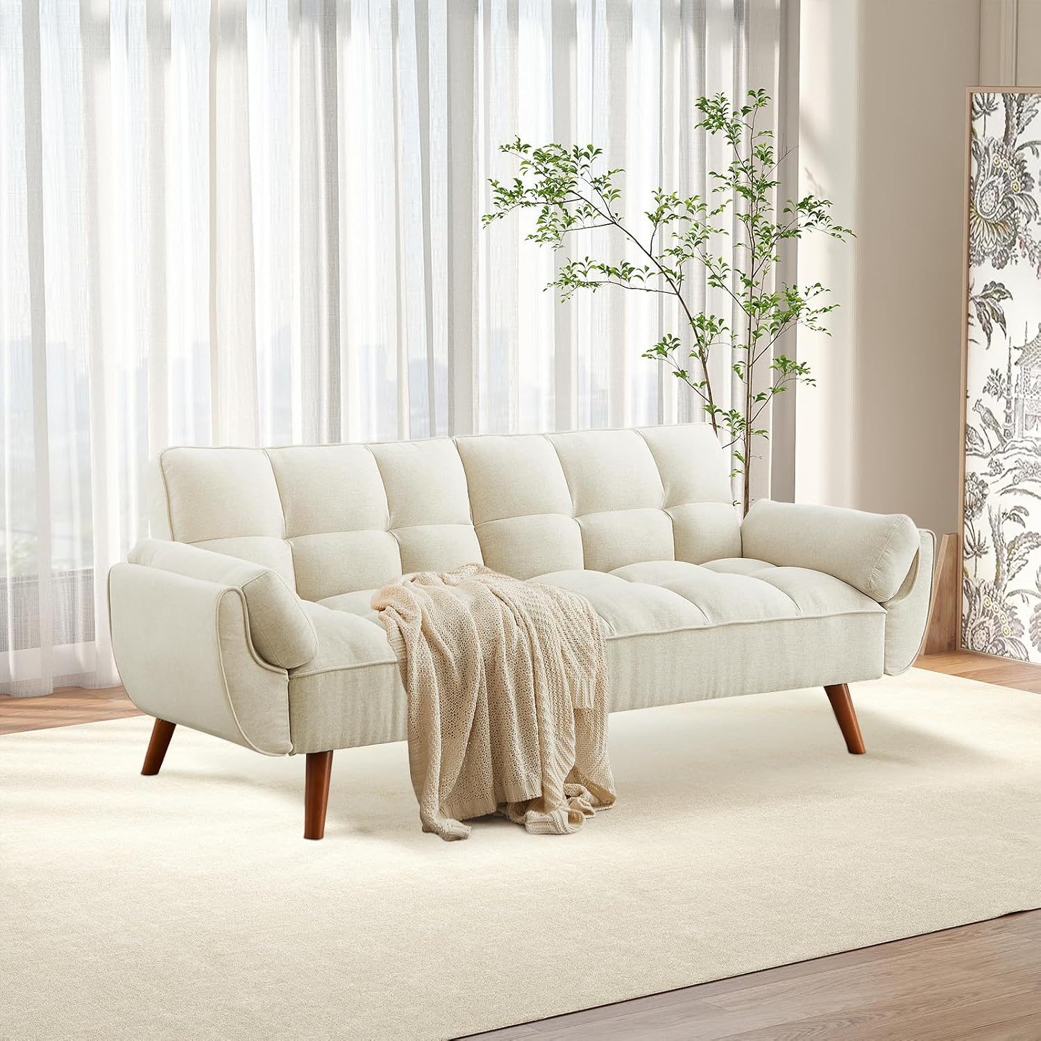 75' Convertible Futon Sofa Bed, Sleeper Couch Bed with Adjustable Backrest, Small Couches for Small Spaces, Living Room, Bedroom and Office (White)