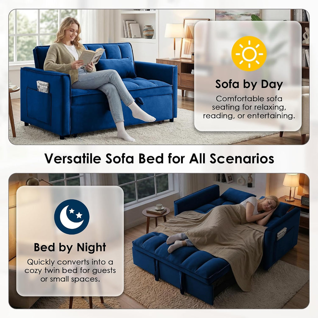 3 in 1 Convertible Sleeper Sofa Bed, 55' Pull Out Couches, Modern Loveseat Sleeper Sofa with Adjustable Reclining Backrest & Side Pockets for Living Room, Velvet Fabric, Blue