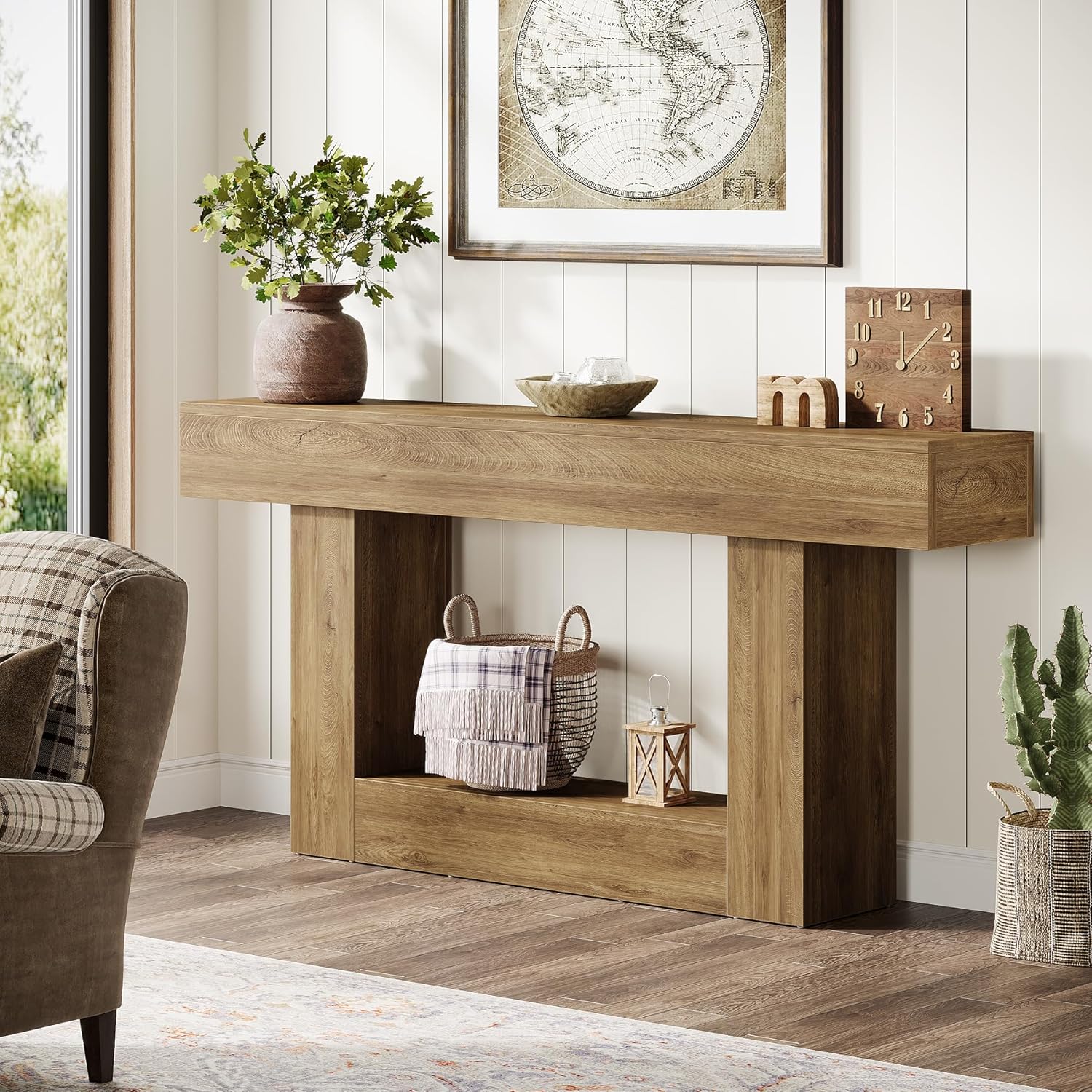 Tribesigns 63' Console Table, Farmhouse 2-Tier Entryway Table with U-Shaped Base, Narrow Long Wood Sofa Table Behind Couch Table for Living Room, Hallway, Foyer, Light Brown