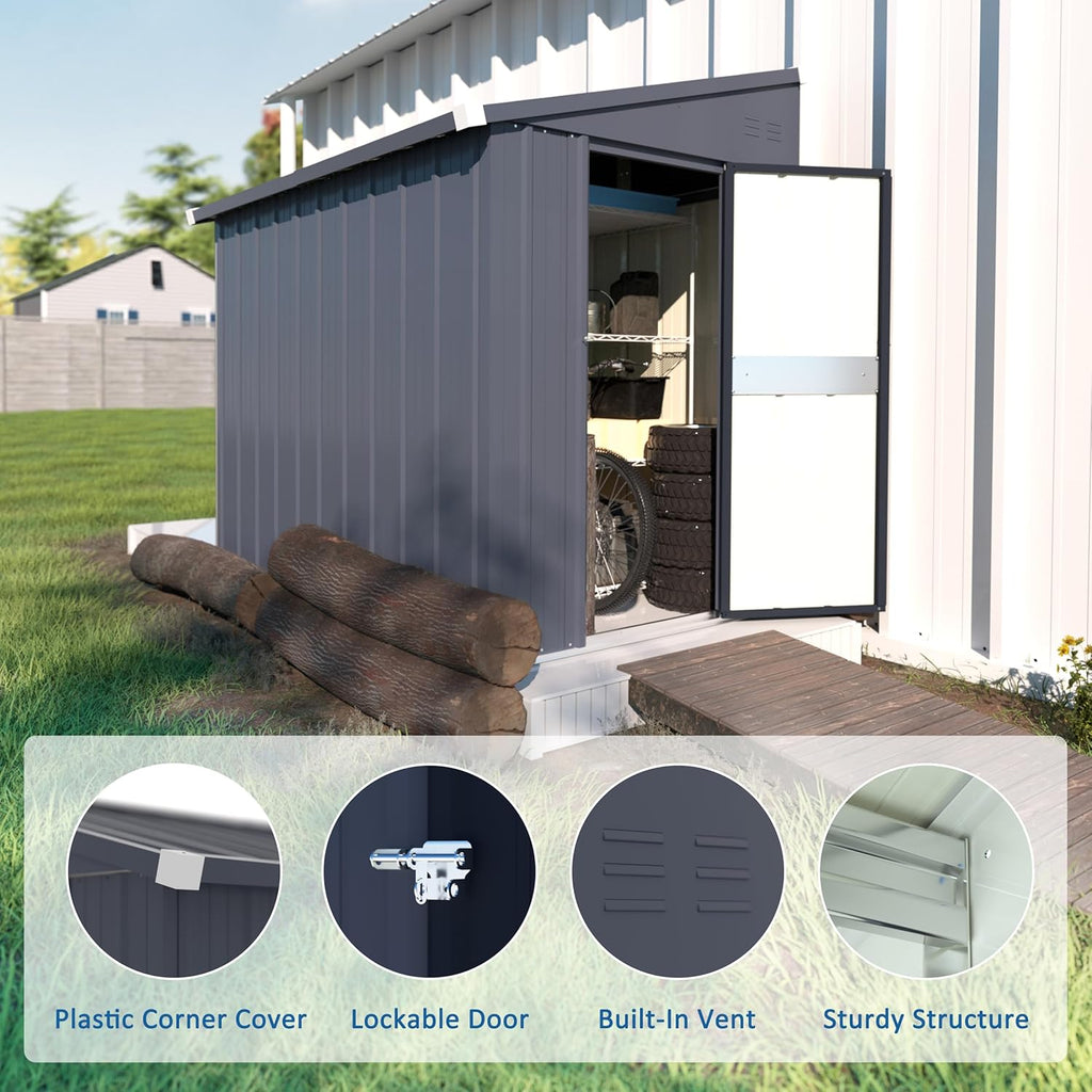 Yardenaler 4x6 FT Metal Outdoor Lean to Storage Shed, Garden Tool Shed Kit with Door & Lock, Waterproof Patio Utility Tool Shed for Backyard and Garden, Gray