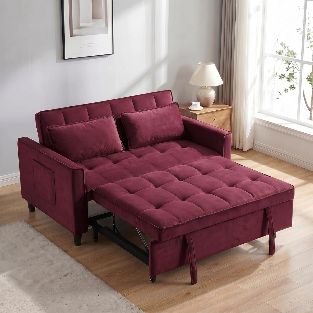 3 in 1 Convertible Sofa Bed, Loveseat Sleeper Sofa with Large Side Pockets, Pull Out Couch with Adjustable Backrest, Easy Assembly, Velvet Couch Bed for Small Spaces, Apartment, Fuchsia