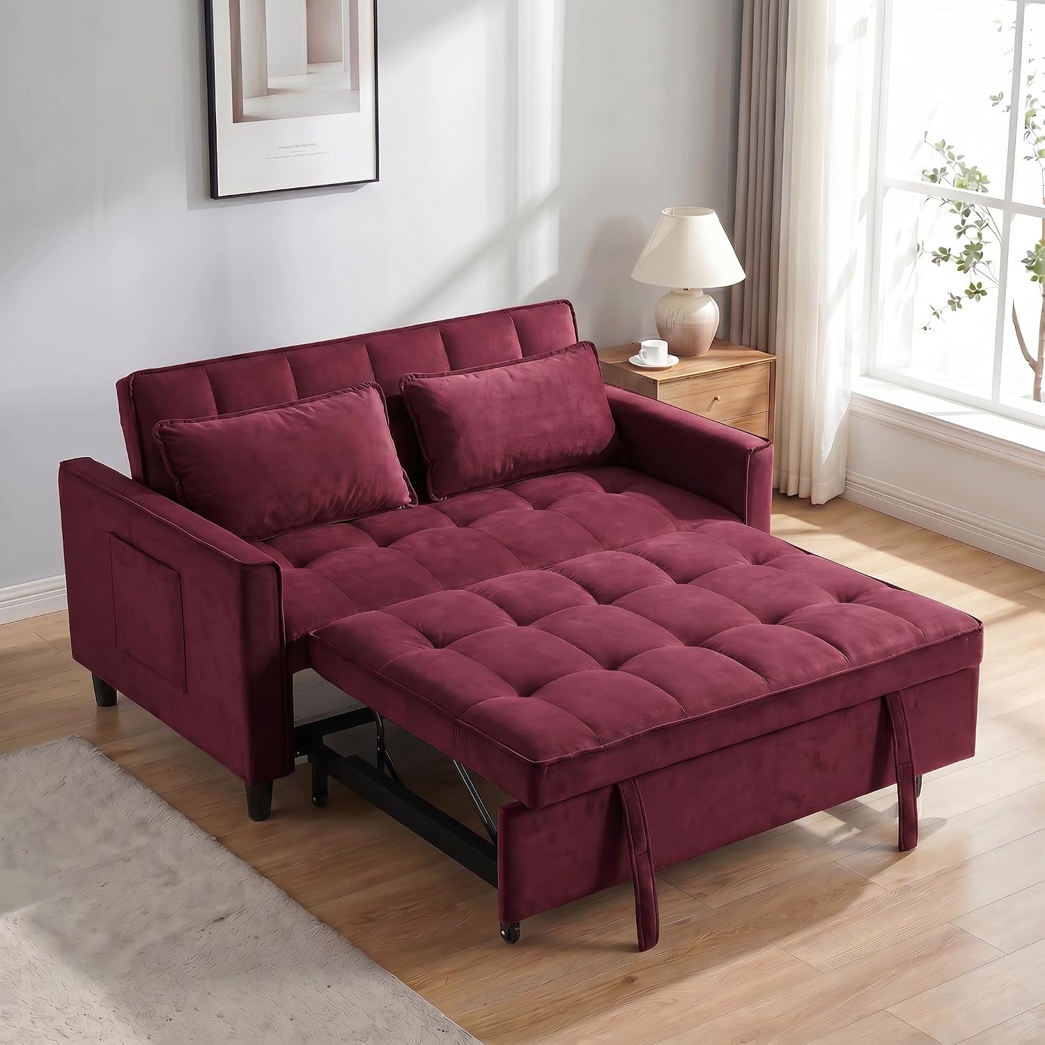 3 in 1 Convertible Sofa Bed, Loveseat Sleeper Sofa with Large Side Pockets, Pull Out Couch with Adjustable Backrest, Easy Assembly, Velvet Couch Bed for Small Spaces, Apartment, Fuchsia