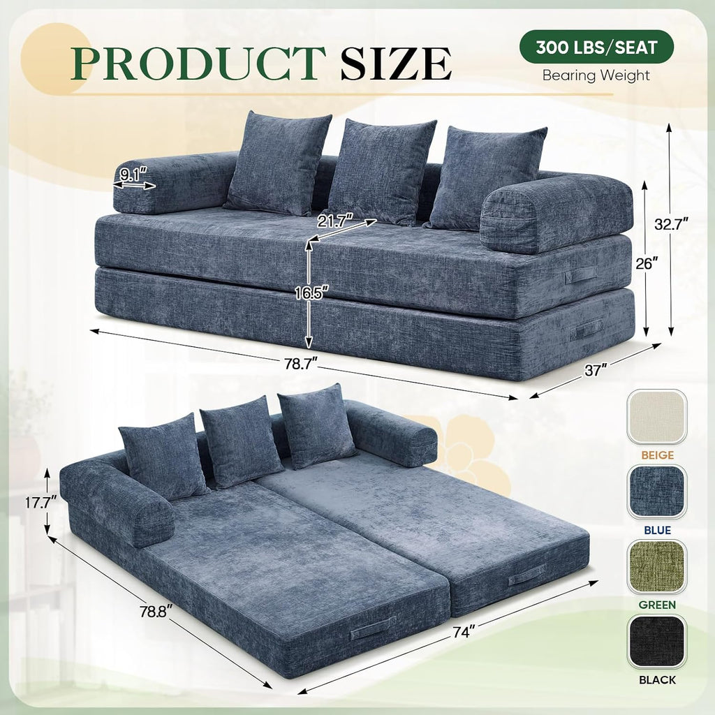Deolme 3 in 1 Convertible Futon Sofa Bed, Modern King Size Chenille Loveseat Sleeper Sofa Folding, 3-Seater Foldable Lounger Couch Bed for Living Room, Bedroom Guest Room (Blue, 3 Throw Pillows)