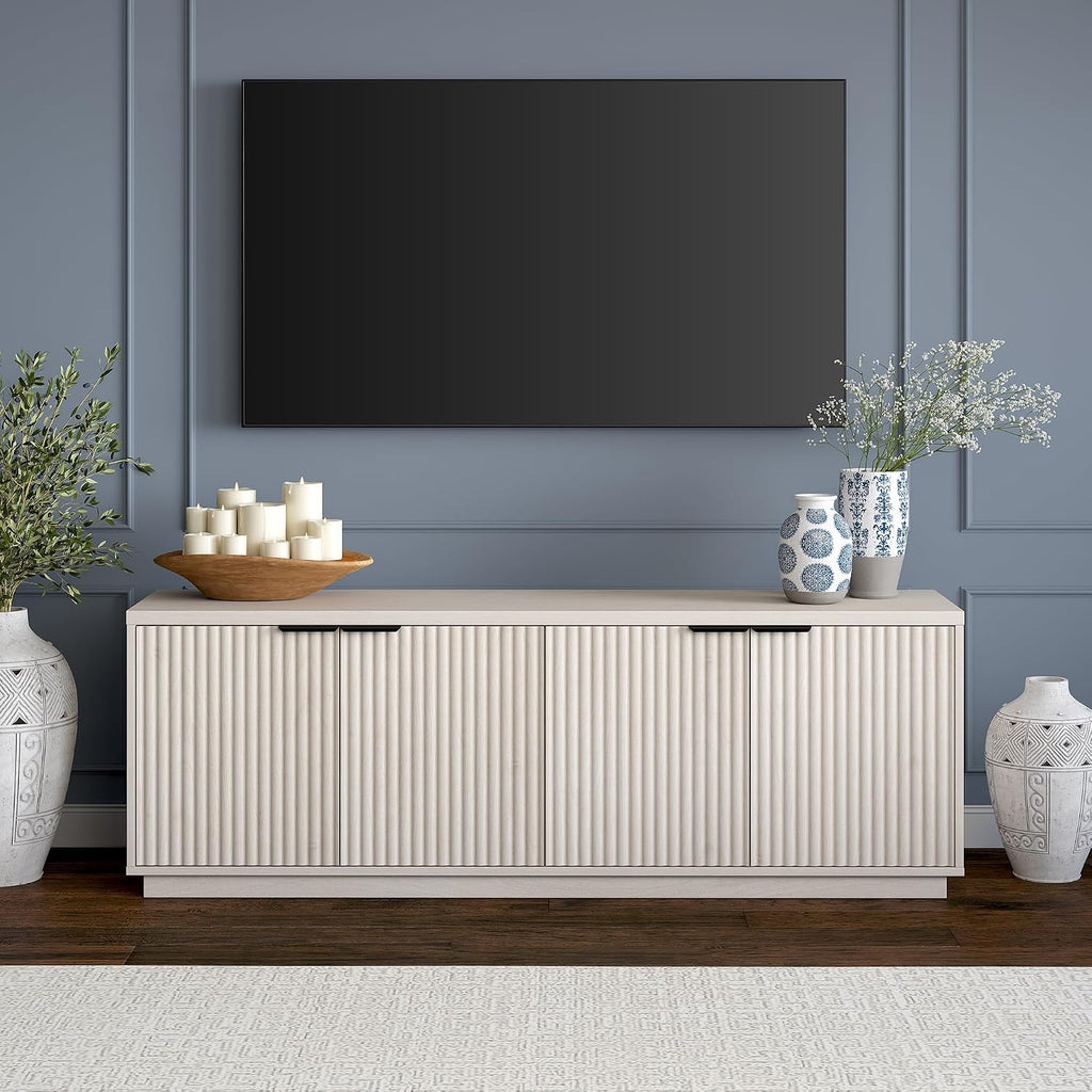 Henn&Hart Fluted TV Stand for TVs up to 78' with 2 Ribbed Storage Cabinets and Adjustable Shelves for Living Room, Family Room, or Office, Beech White