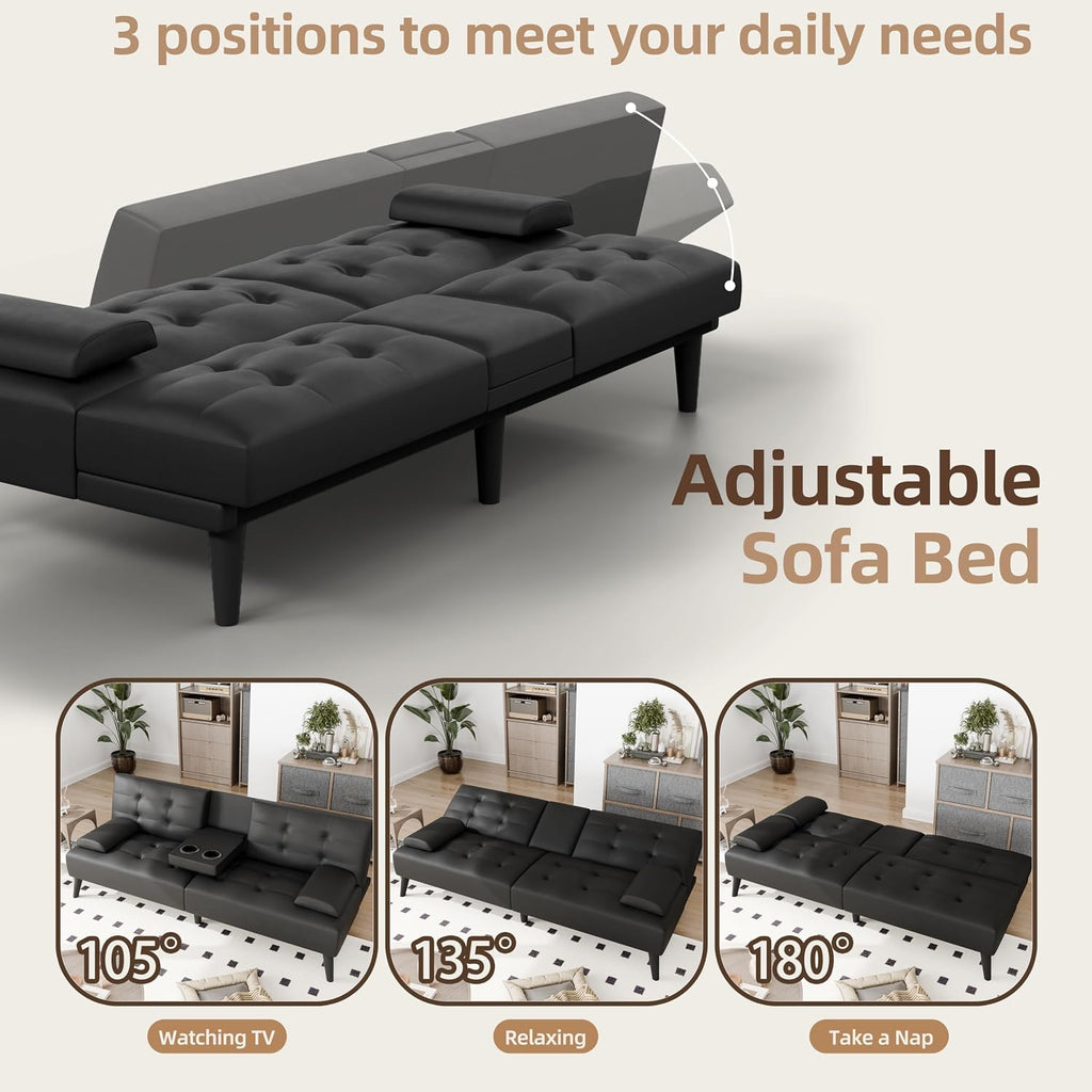JAMFLY Futon Sofa Bed, Modern Convertible Folding Loveseat - Multi-Functional Recliner with 3-Angle Adjustment, Detachable Armrests with Cup Holders - Ideal for Small Spaces, Black Leather