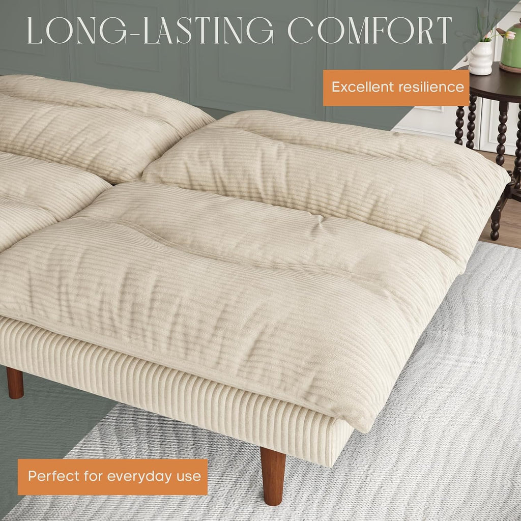 LLappuil Futon Sofa Bed, 69 inch Futon Couch with Adjustable Backrest, Corduroy Convertible Sleeper Sofa Bed, Folding Sleeper Recliner, Loveseat for Apartment, Living Room, Office (Beige)