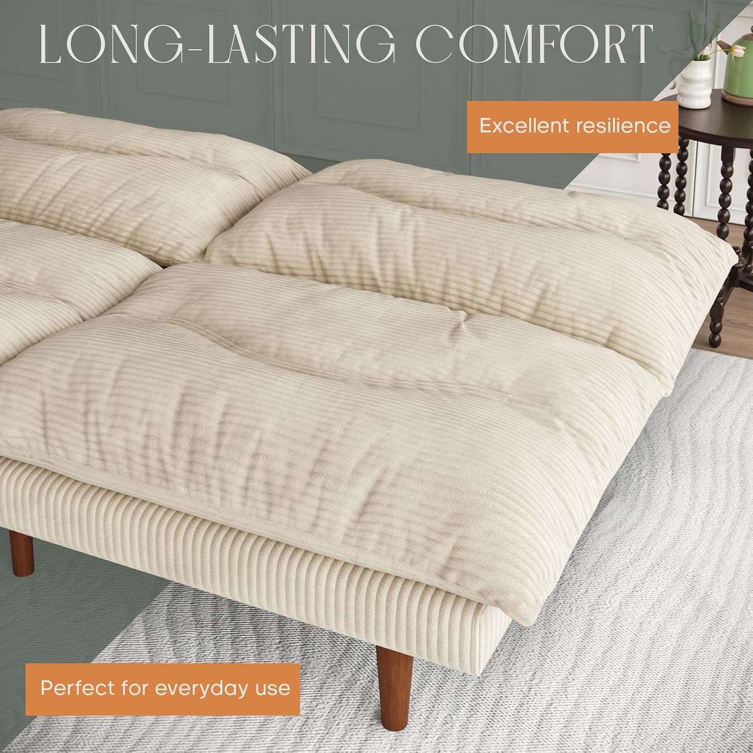 LLappuil Futon Sofa Bed, 69 inch Futon Couch with Adjustable Backrest, Corduroy Convertible Sleeper Sofa Bed, Folding Sleeper Recliner, Loveseat for Apartment, Living Room, Office (Beige)