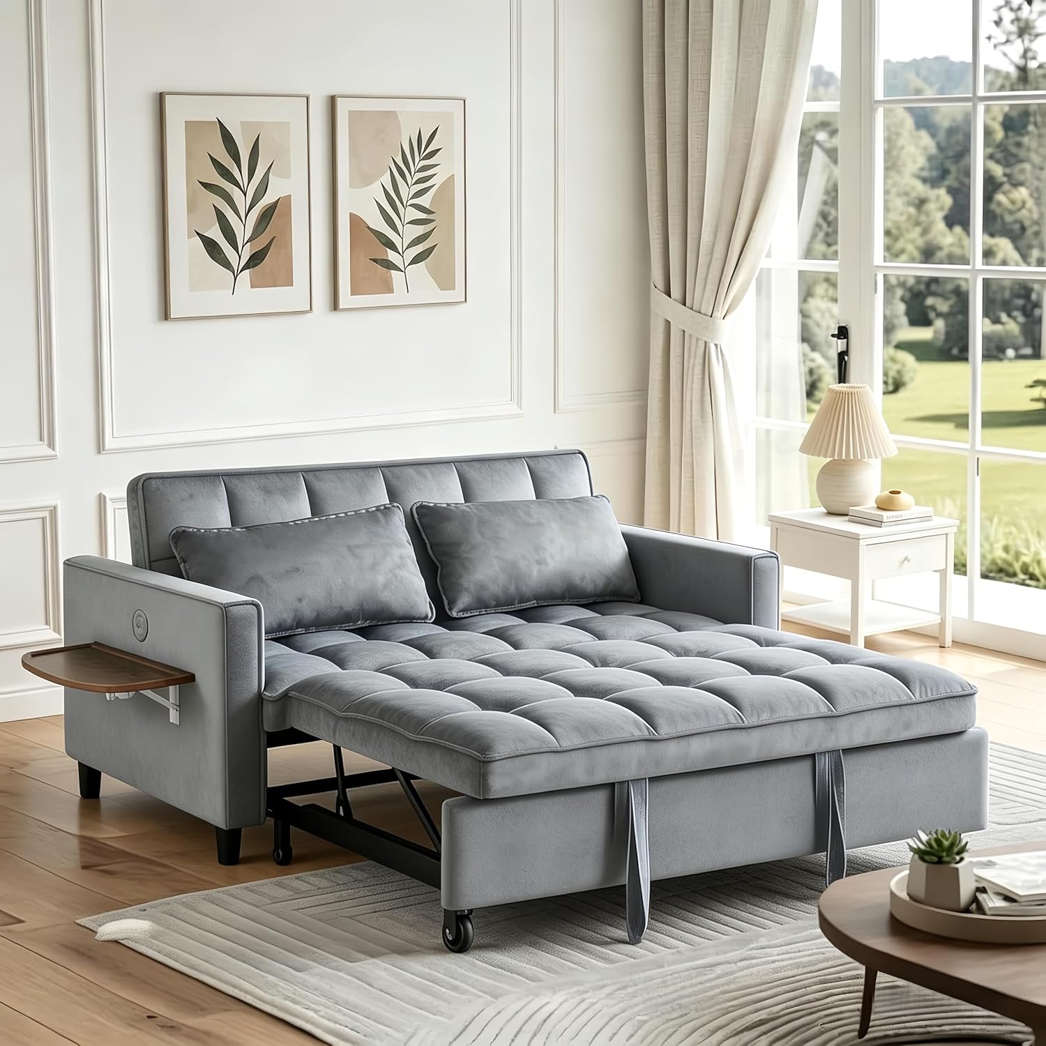 4 in 1 Convertible Sofa Bed, Pull Out Couch with Adjustable Backrest, Loveseat Sleeper Sofa Bed with USB Ports and Side Table, Couch Beds for Living Room, Bedroom, Apartment, Gray