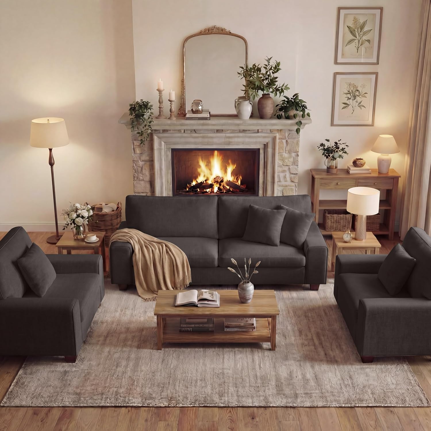 DOPEDIO Modern Living Room Sofa Set, 71.25' Chenille Loveseat with 2 Accent Chairs, Removable Covers, Spring Cushions, Solid Wood Frame, Easy Assembly（71.25inch+2 Single,Dark Grey）