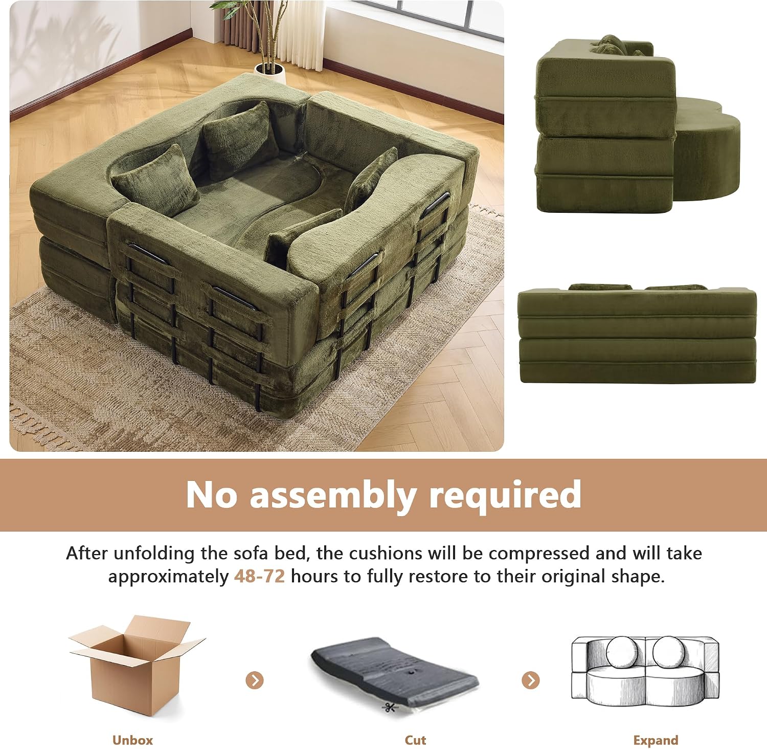 2-in-1 4 Seat Folding Sofa Bed with Pillow, No Assembly Futon Twin Size Sofa Bed, Breathable Velvet Convertible Couch Bed for Living Room and Guest Room, 71.65 Inch, Pink