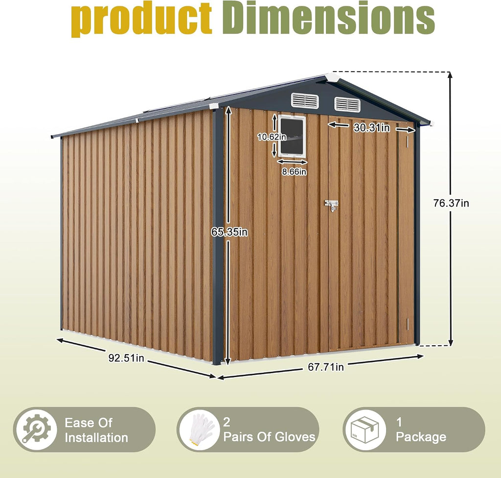 6x8 FT Outdoor Metal Storage Shed with Lockable Door, Steel Garden Utility Shed with Vents and Window, Backyard Patio Tool Shed for Lawn Equipment, Bike, Firewood and Mower Storage, Brown