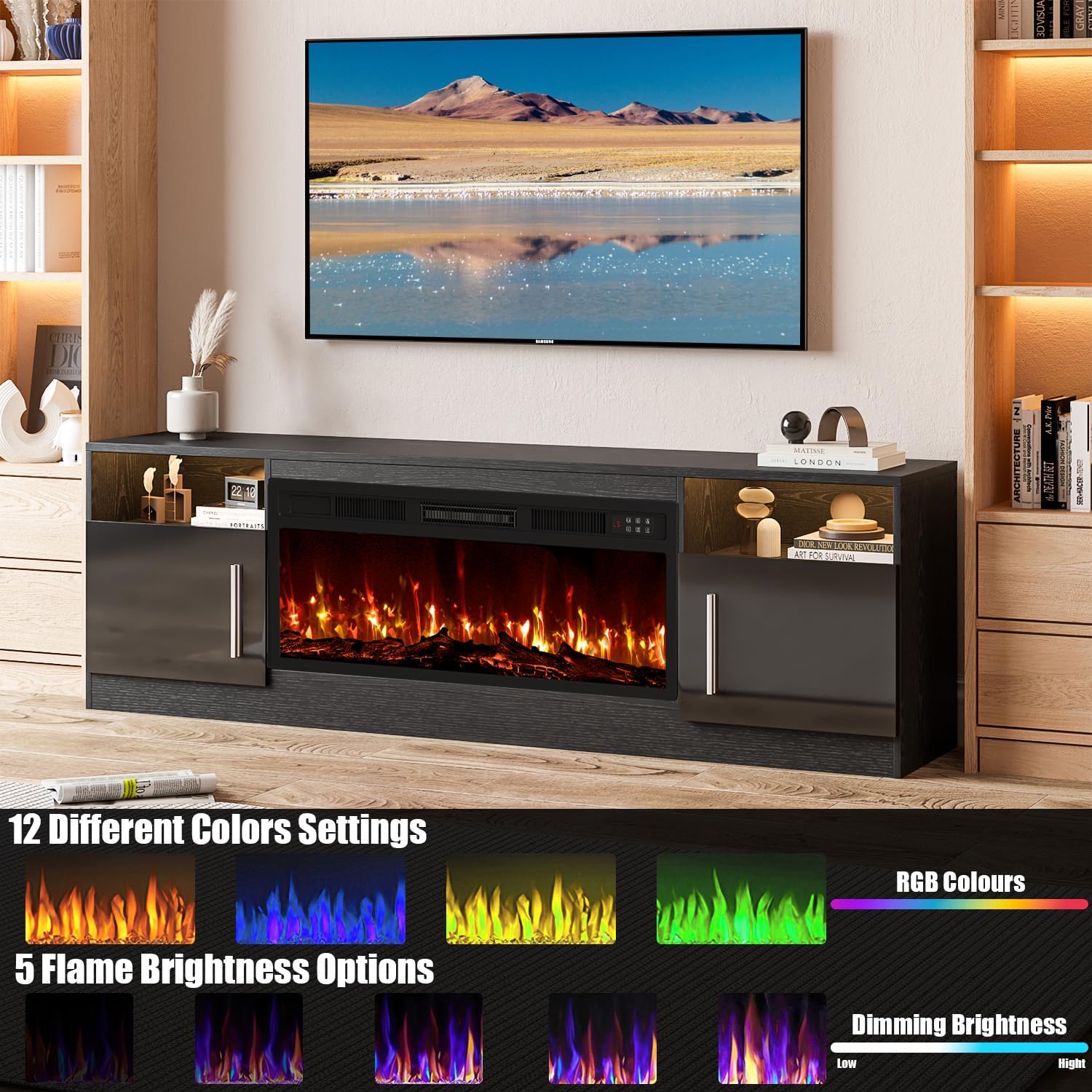 VITESSE Fireplace with TV Stand 36' inch Electric Fireplace Up to 80' TVs, LED Light Entertainment Center, 70' Modern Wood High Gloss with Highlight Storage Cabinet for Living Room (Black)