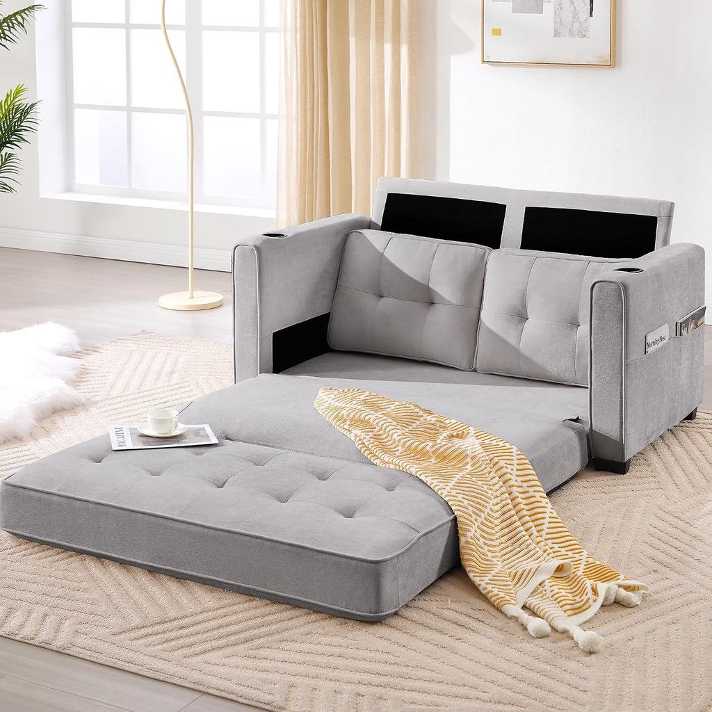 Convertible Sofa Bed, Pull Out Loveseat Sleeper Couch,Linen Fabric 2 in 1 Folding Couch Bed, Fold Out Floor Futon Couches with Cup Holder for Living Room, Bedroom,Small Space, Light Grey