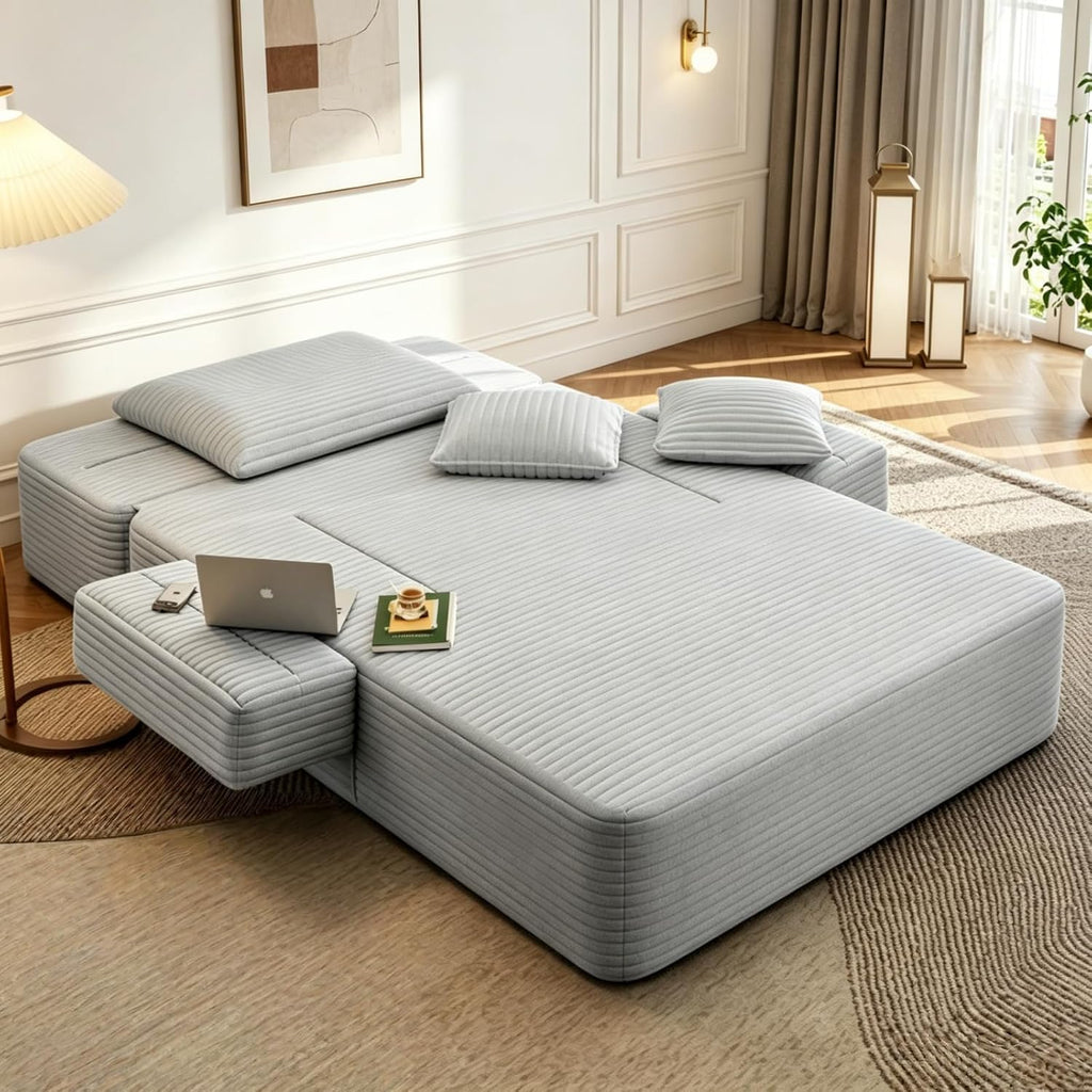 Oversized Boneless Chaise Sofa Bed, Corduroy Chaise Lounge Chair Indoor with Storage Pockets, Upholstered Cloud Sleeper Chair Bed for Small Space, Living Room, Bedroom, Apartment, Light Grey