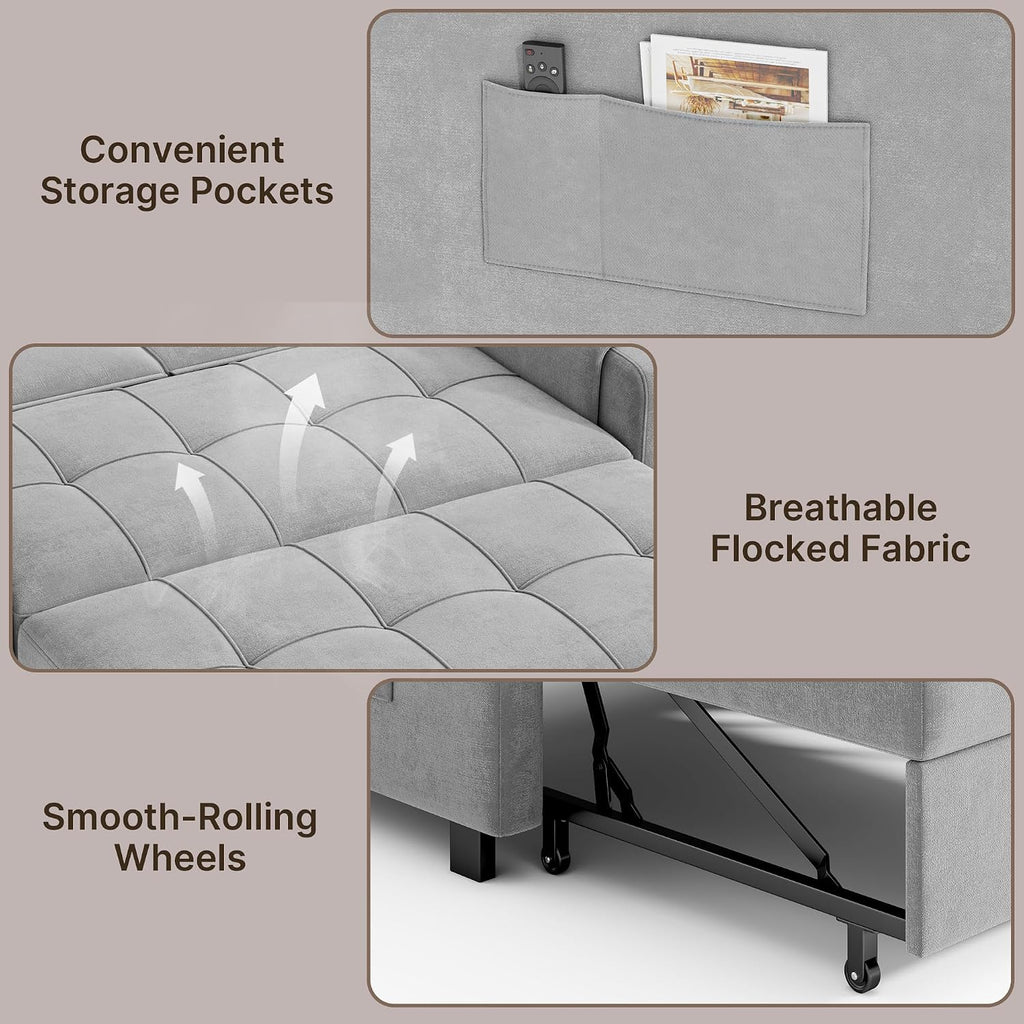 Gizoon Convertible Sofa Bed, 3-in-1 Pull Out Couch, 5-Position Adjustable Backrest & Side Pockets, Modern Small Loveseat Sleeper Sofa for Living Room, Apartment, Dorm, Studio, Guest Room, Light Grey