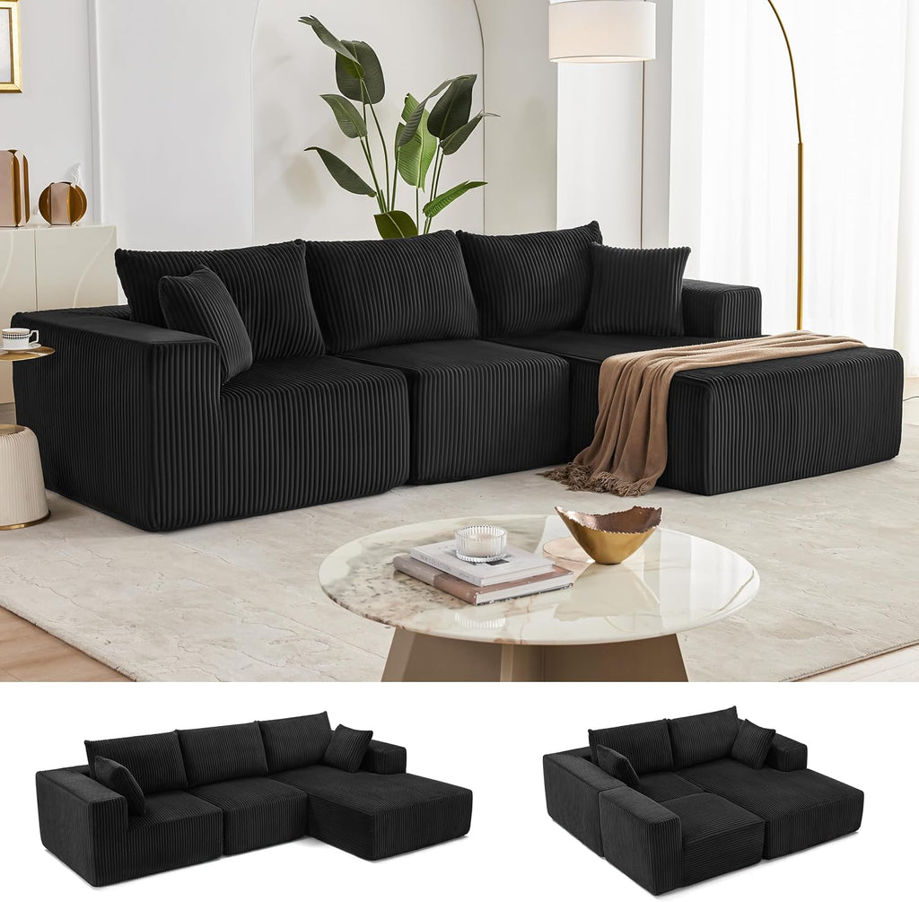 108' Modular Sectional Sofa, Cloud Sectional Couch with Deep Seat, Modern Modular L-Shape Sofa Couch with Chaise,Upholstered Boneless Couches for Living Room Bedroom (Black, Right Facing Chaise)