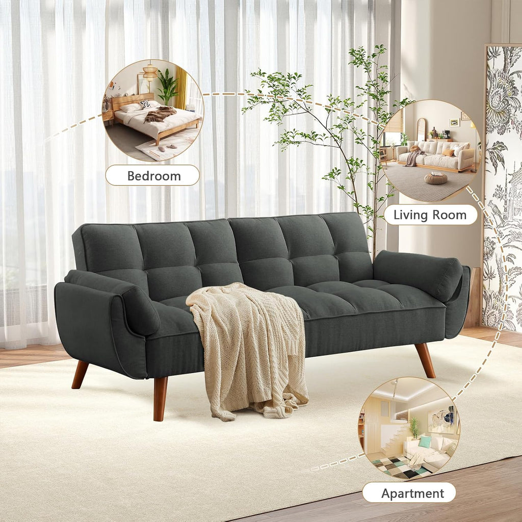 75' Convertible Futon Sofa Bed, Sleeper Couch Bed with Adjustable Backrest, Small Couches for Small Spaces, Living Room, Bedroom and Office (Dark Gray)