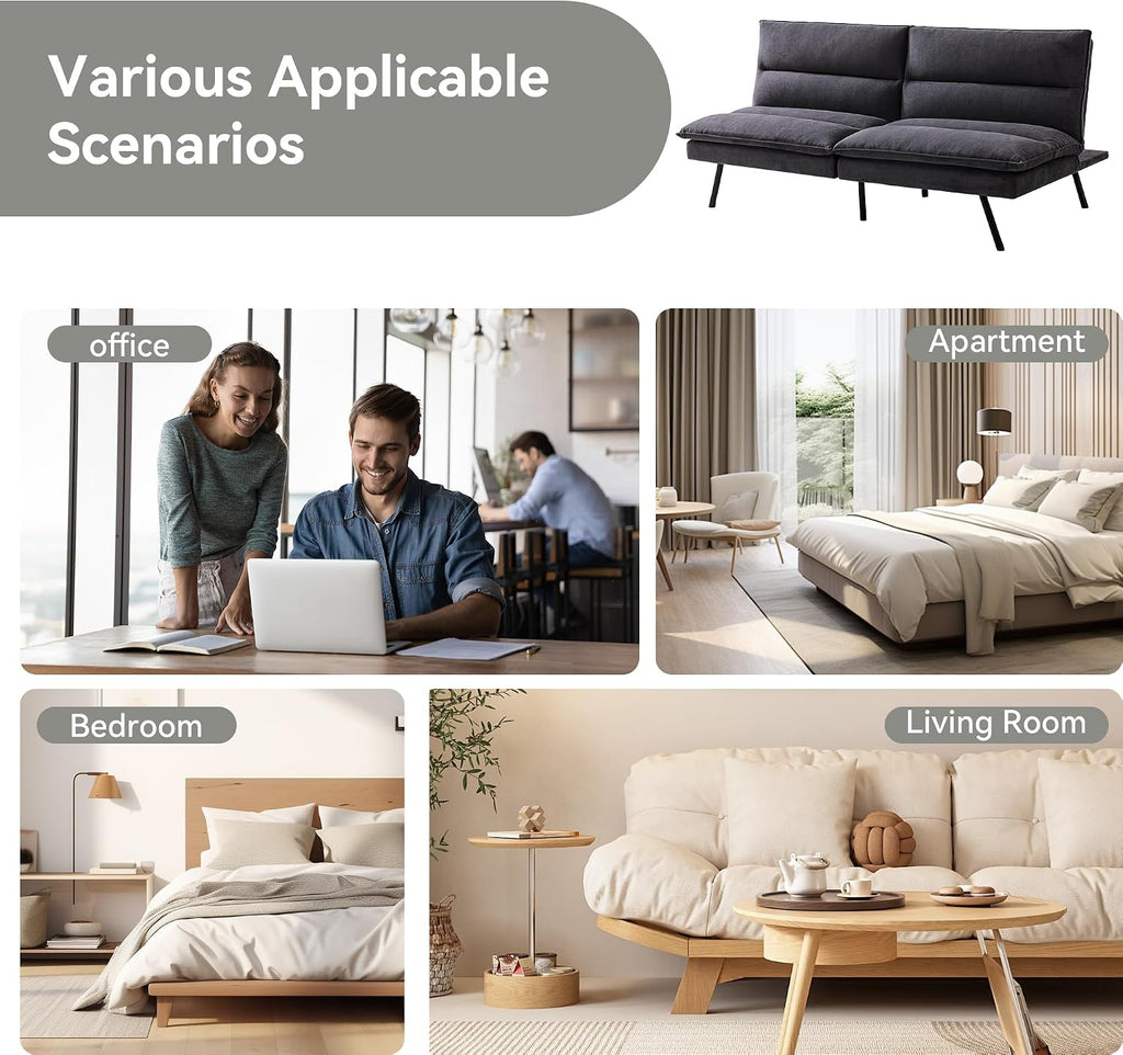 Memory Foam Futon Sofa Bed,Linen Fabric Futon Couch,Convertible Armless Futons,Small Splitback Loveseat Sleeper Sofa Bed for Living Room,Office,Apartment,Pure Black