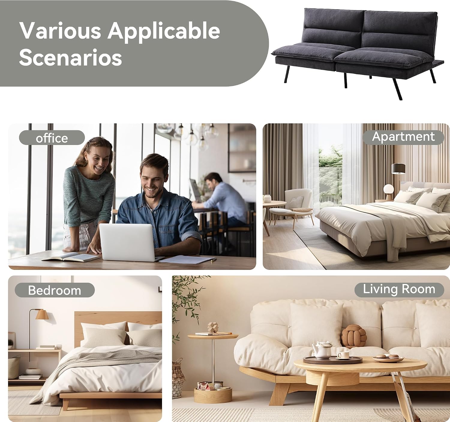 Memory Foam Futon Sofa Bed,Linen Fabric Futon Couch,Convertible Armless Futons,Small Splitback Loveseat Sleeper Sofa Bed for Living Room,Office,Apartment,Pure Black