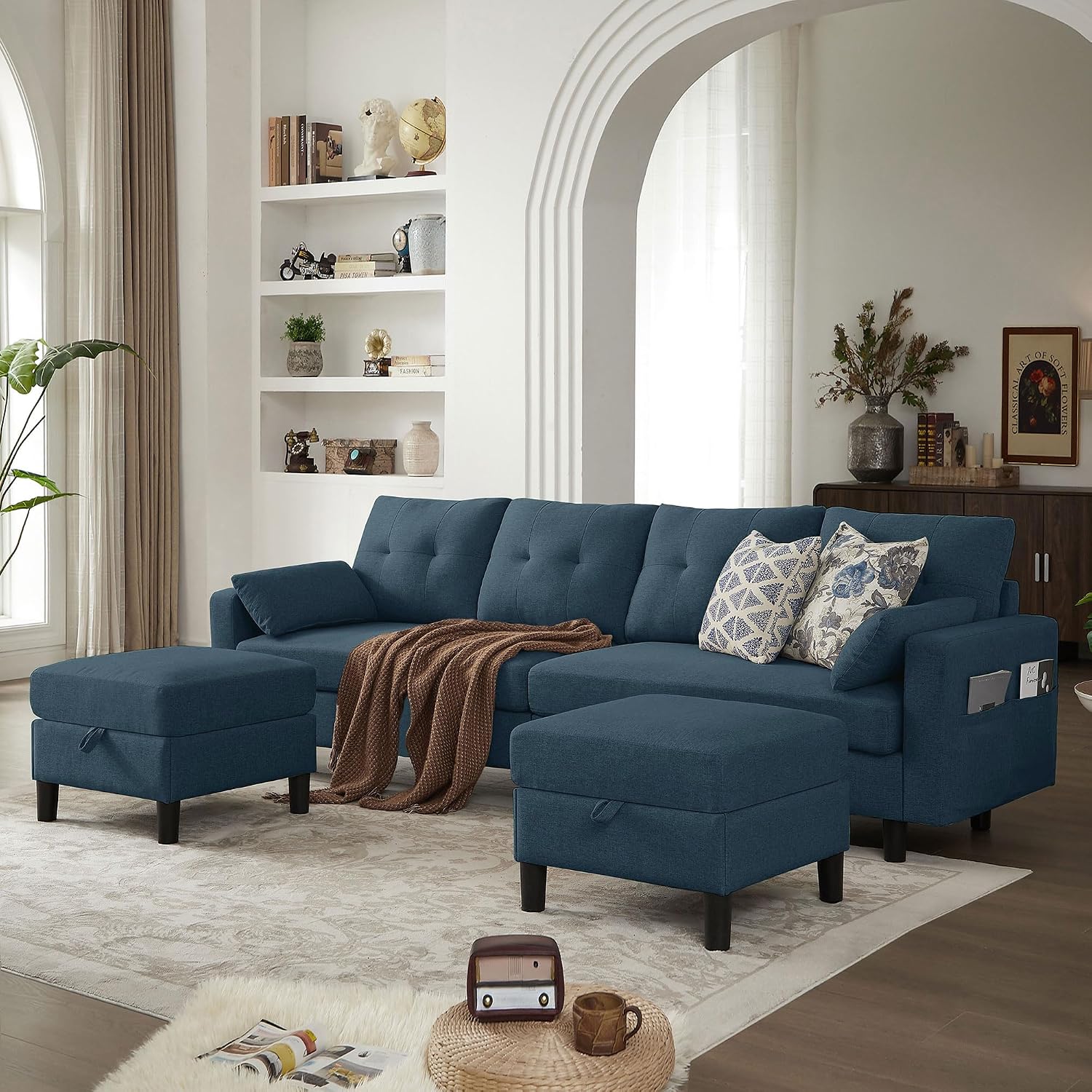 101' Convertible Sectional Sofa, Modern Linen Fabric U-Shaped Couch with 2 Storage Ottomans and Storage Pocket, 4 Seat Sofa Couches for Living Room, Apartment, Office, Blue